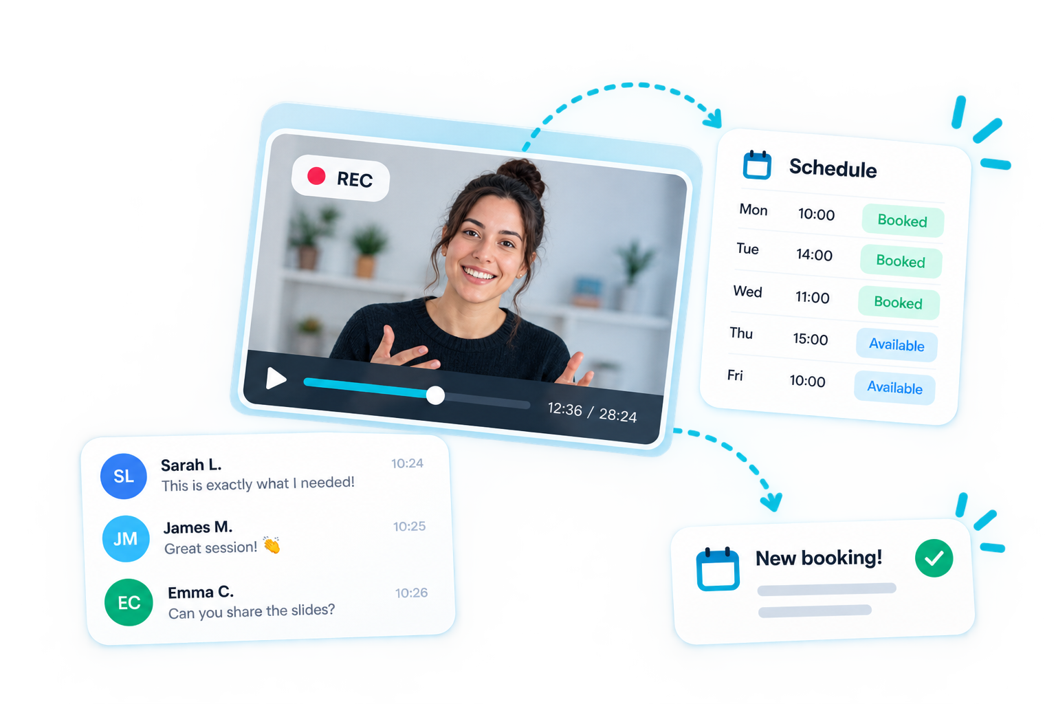 A recorded webinar flowing into a full schedule, attendee messages and new bookings