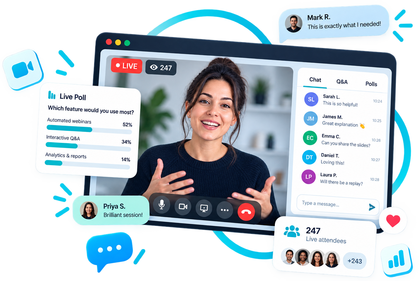 A live webinar room with a presenter on screen, attendee chat, a running poll and a live attendee count