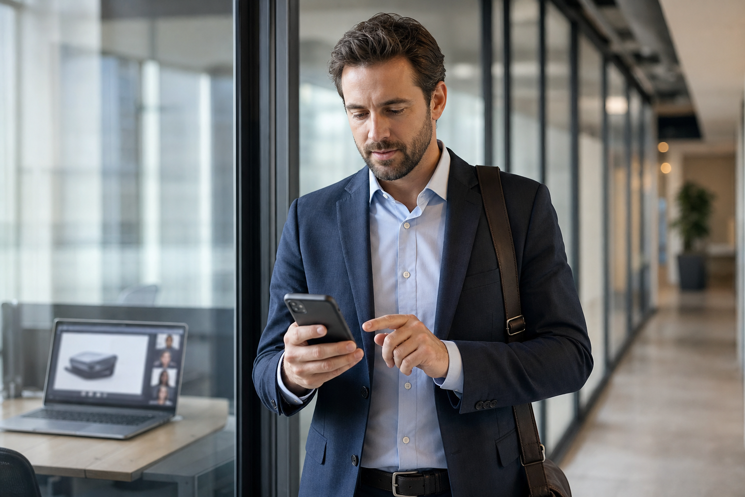 A sales rep in a hallway looking at a phone that just lit up, a paused presentation on the laptop behind him