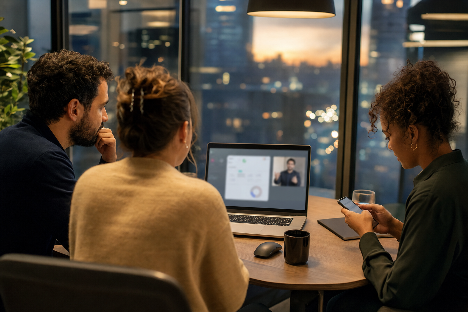 Three colleagues in a meeting room watching a recorded demo together in the evening