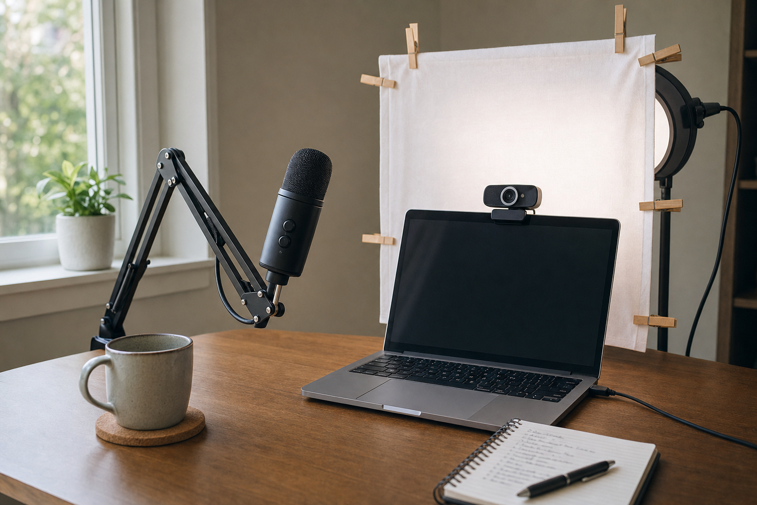 A budget recording setup: USB microphone on a boom arm, a clamp light diffused with a shower curtain, a webcam on a laptop, window light