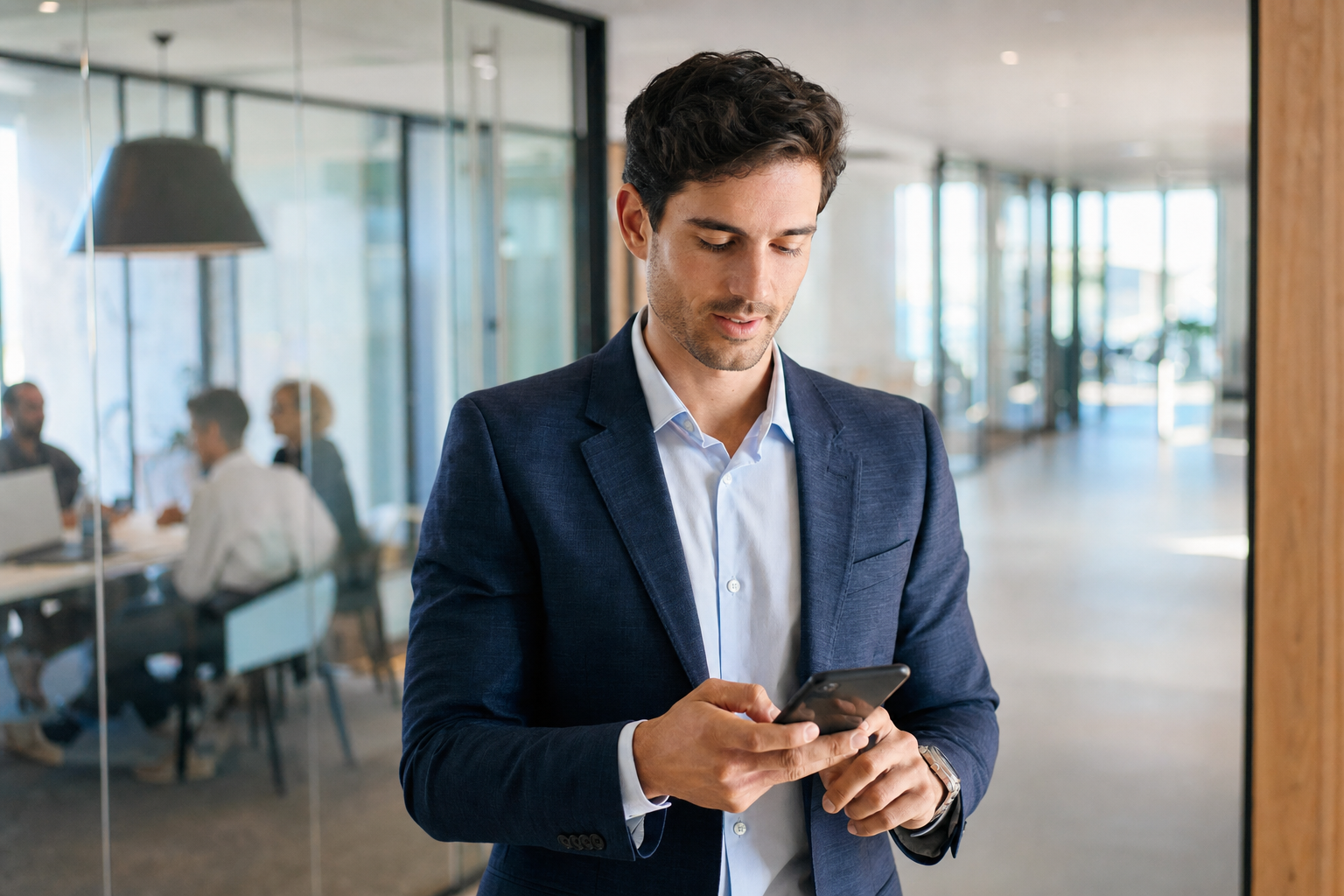 A sales rep in an office corridor looking at a phone notification, about to reply