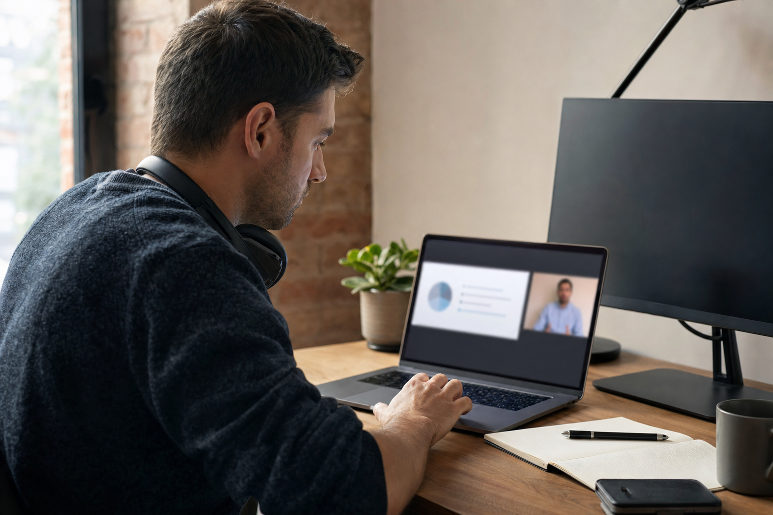 A prospect at a desk watching a recorded demo on a laptop with the presenter in a small window