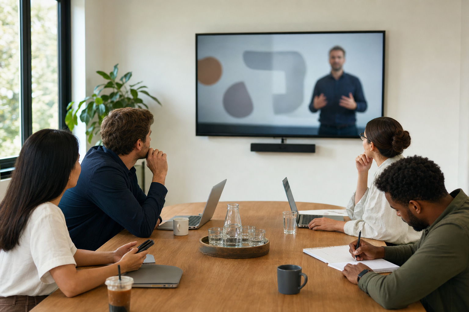 A small sales team in a meeting room watching a recorded product demo on a large wall screen
