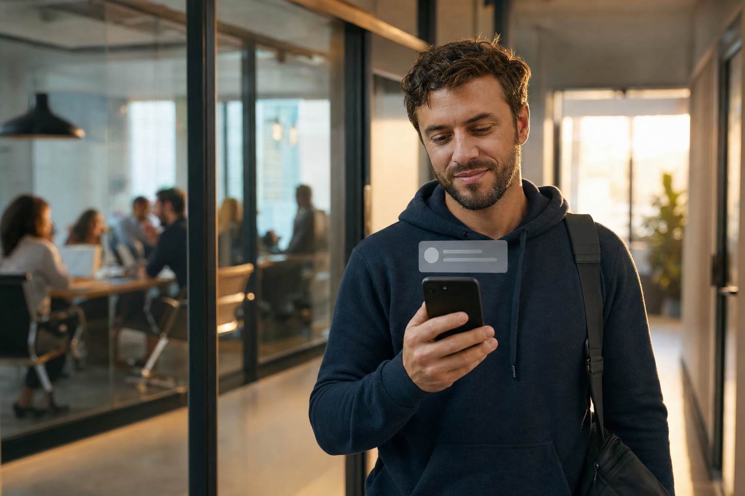A founder in an office hallway glancing at a notification on his phone