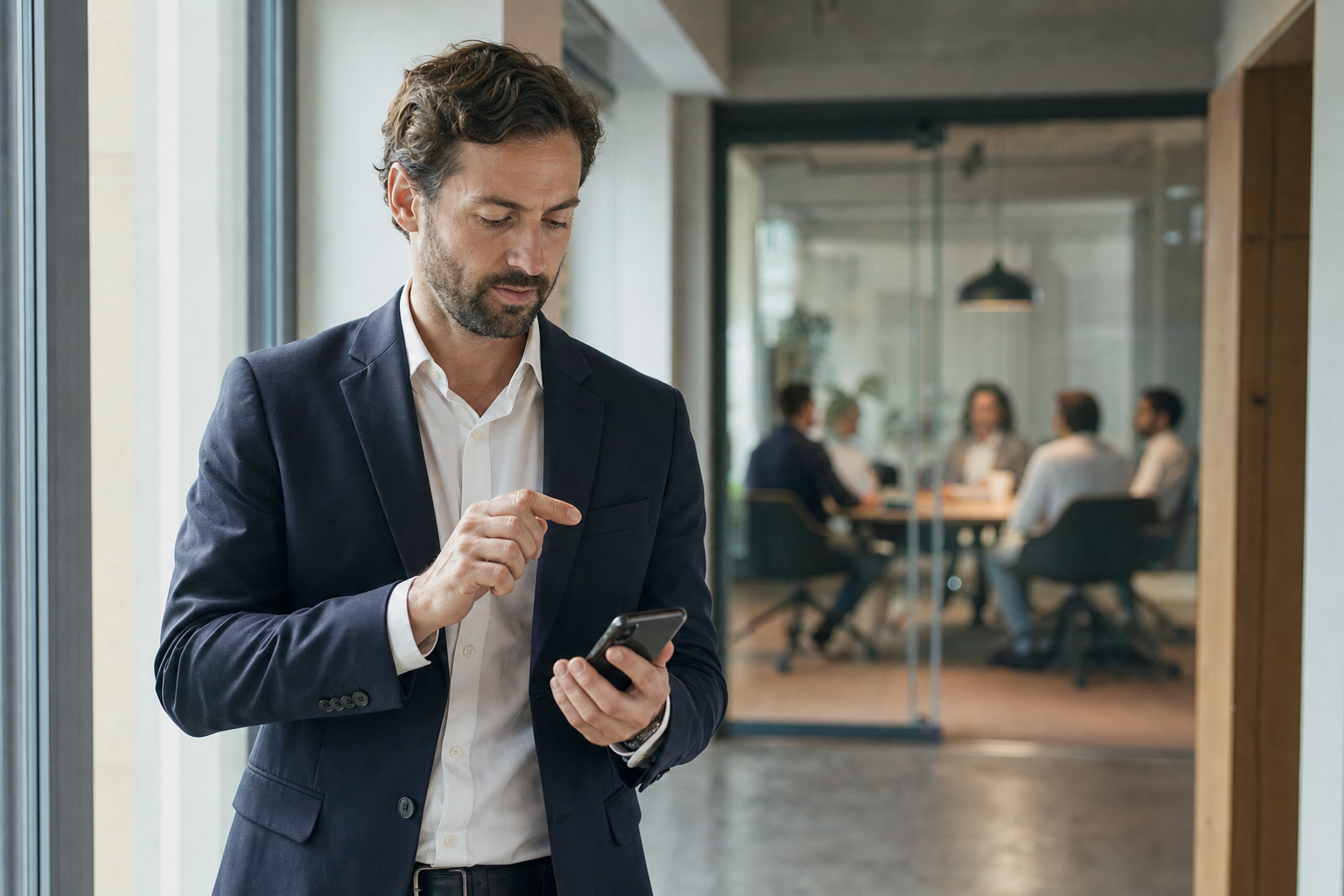 A sales rep in an office corridor glancing at a phone that has just buzzed