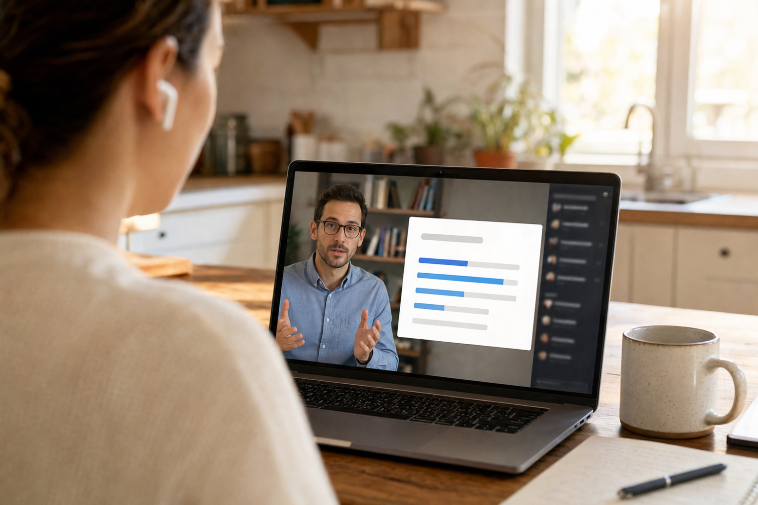 Over-the-shoulder view of someone at a kitchen table watching a webinar with a poll card on screen