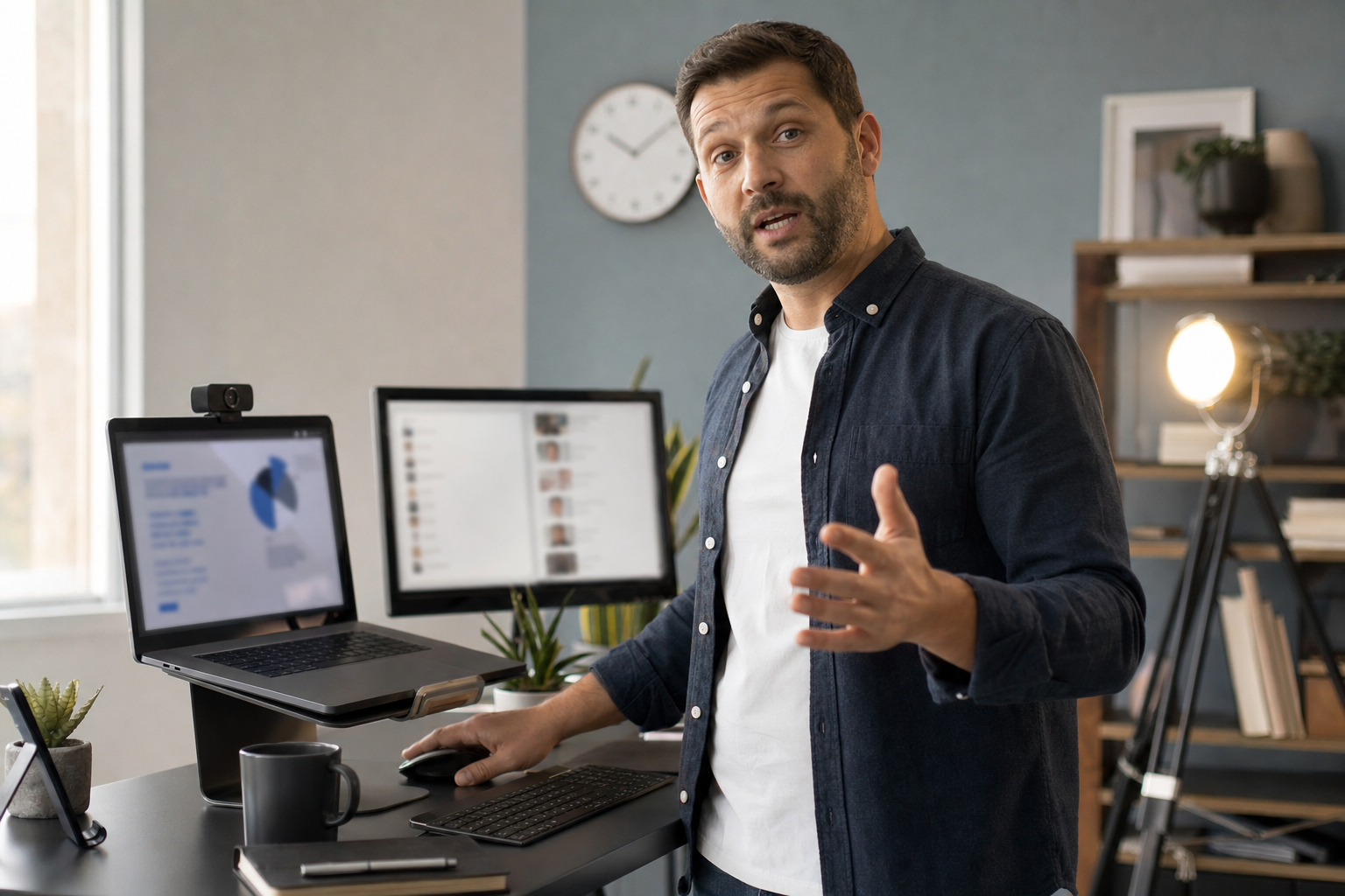 A presenter stepping in front of the webcam mid-webinar while a paused slide sits on screen