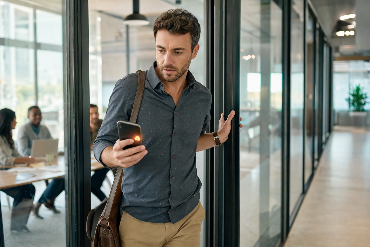 A sales rep stepping out of a glass-walled meeting room into the corridor, glancing at an alert on his phone