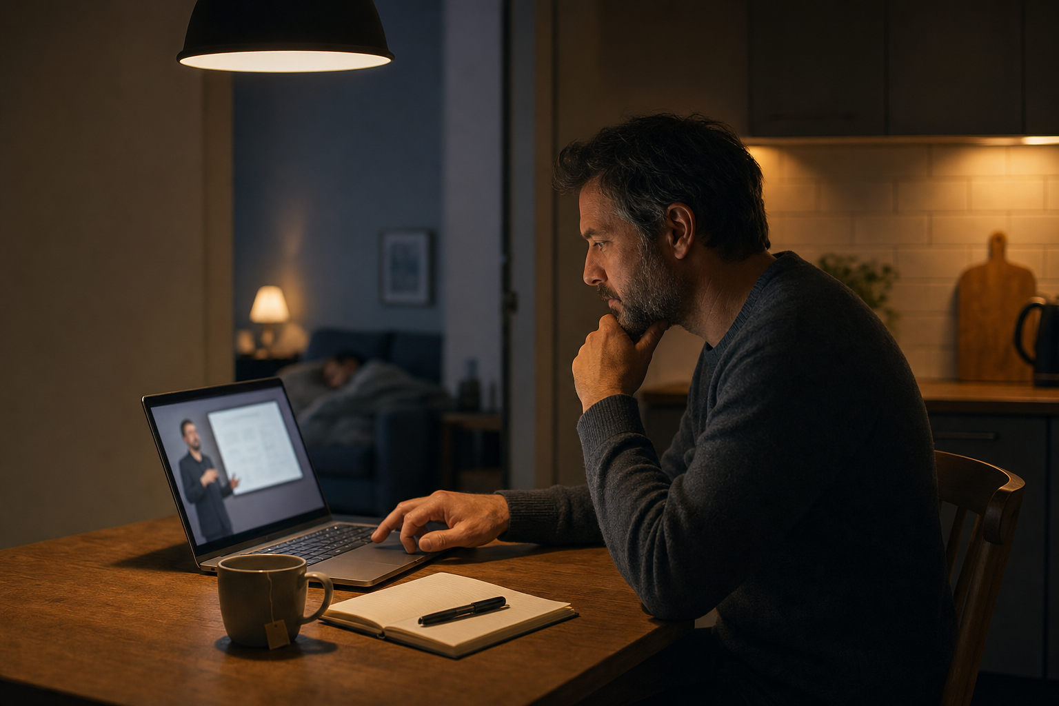 A prospect at a kitchen table late at night, watching a recorded product session on a laptop and typing a question