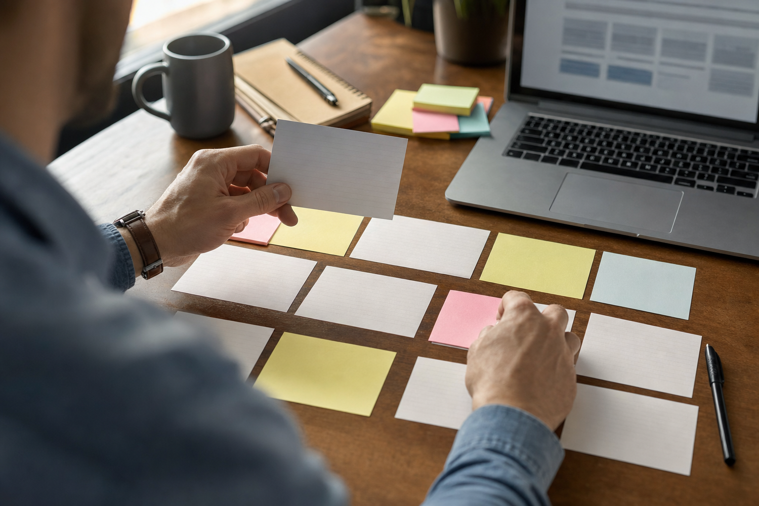 A sales rep's hands arranging index cards into a presentation storyline