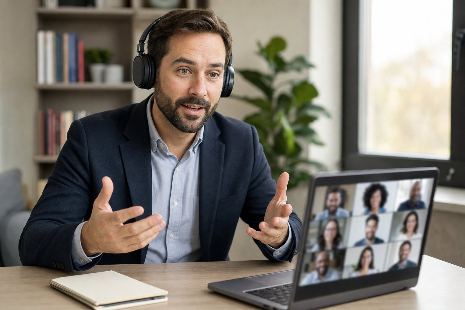 A sales rep presenting on a video call, looking into the webcam and gesturing
