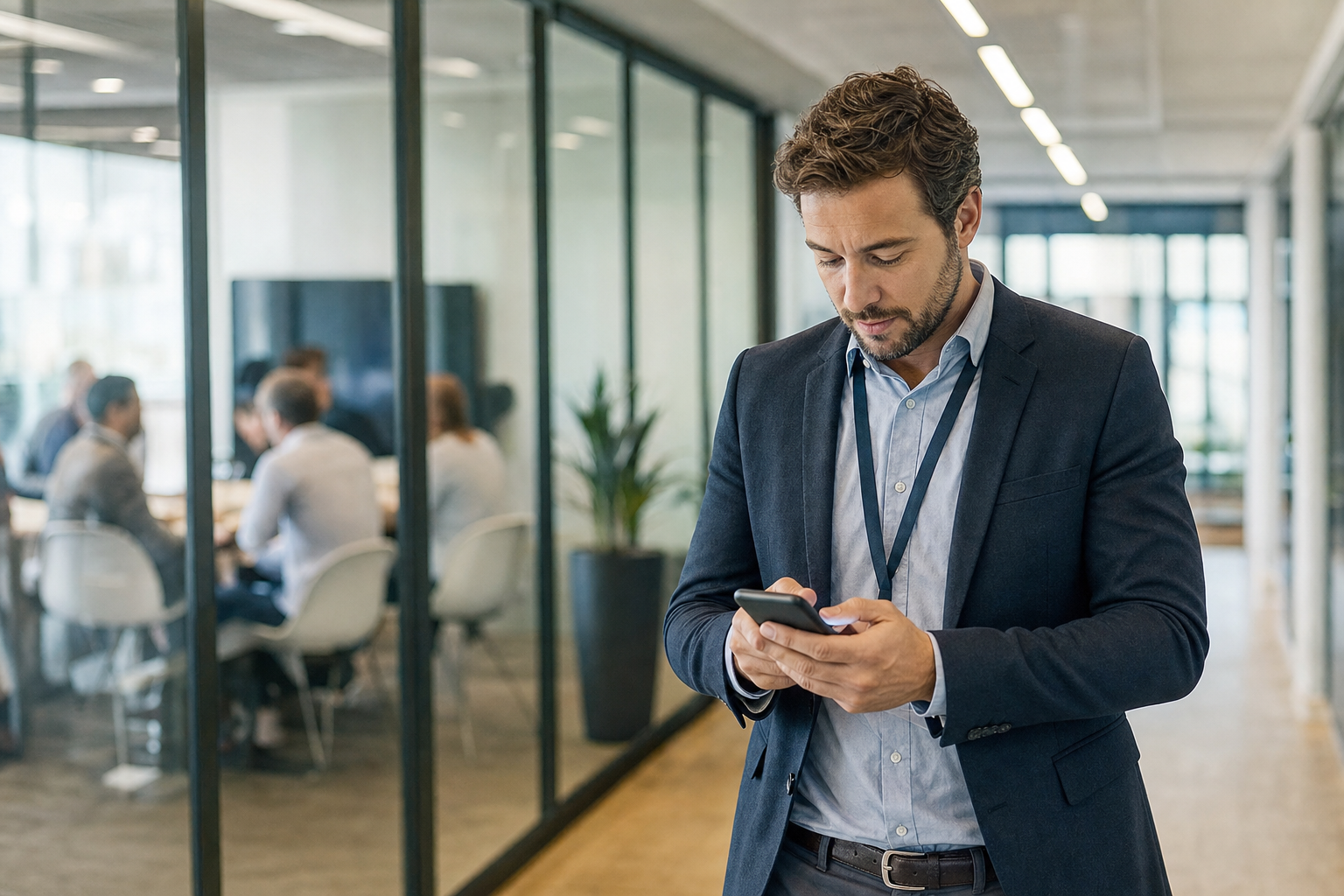 A salesperson in an office corridor answering a question on their phone