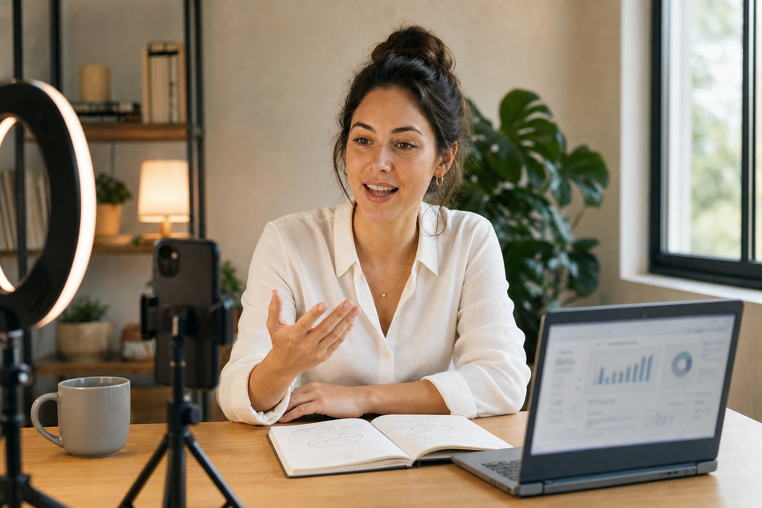 A SaaS founder recording a short follow-up video at her desk with a phone on a tripod