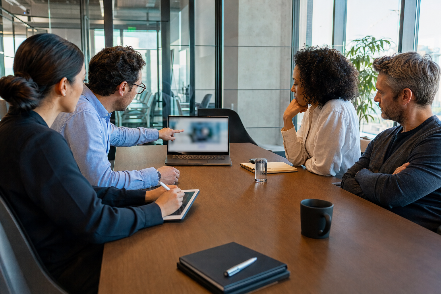 Four colleagues from different departments watching a recorded demo replay on one laptop in a meeting room
