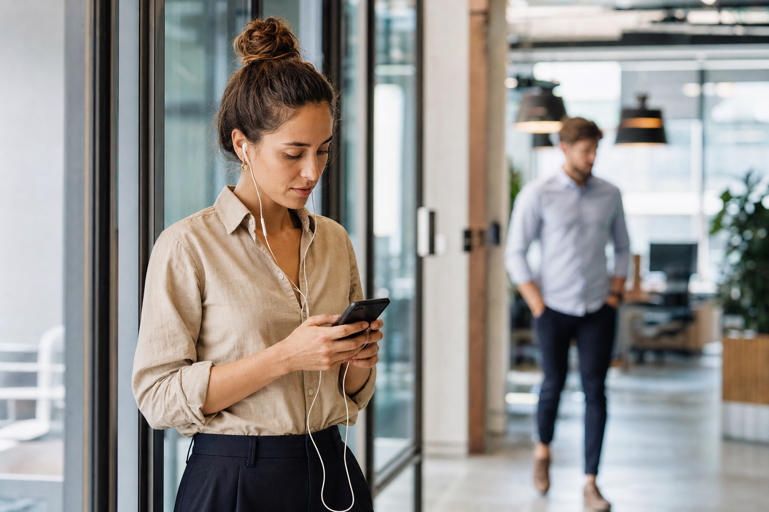A sales rep answering a buyer's question on her phone in an office corridor