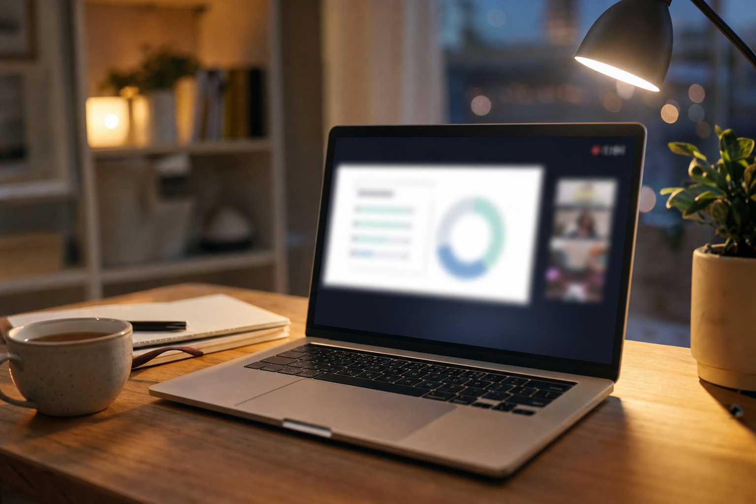 A laptop in a home office showing a blurred presentation with a small live attendee count