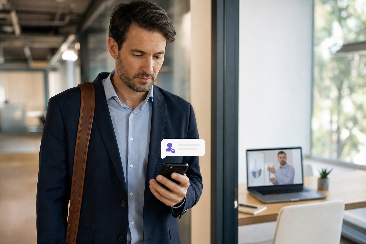 A sales rep checking a phone notification about a live viewer question while a recorded product demo continues playing on a laptop behind them