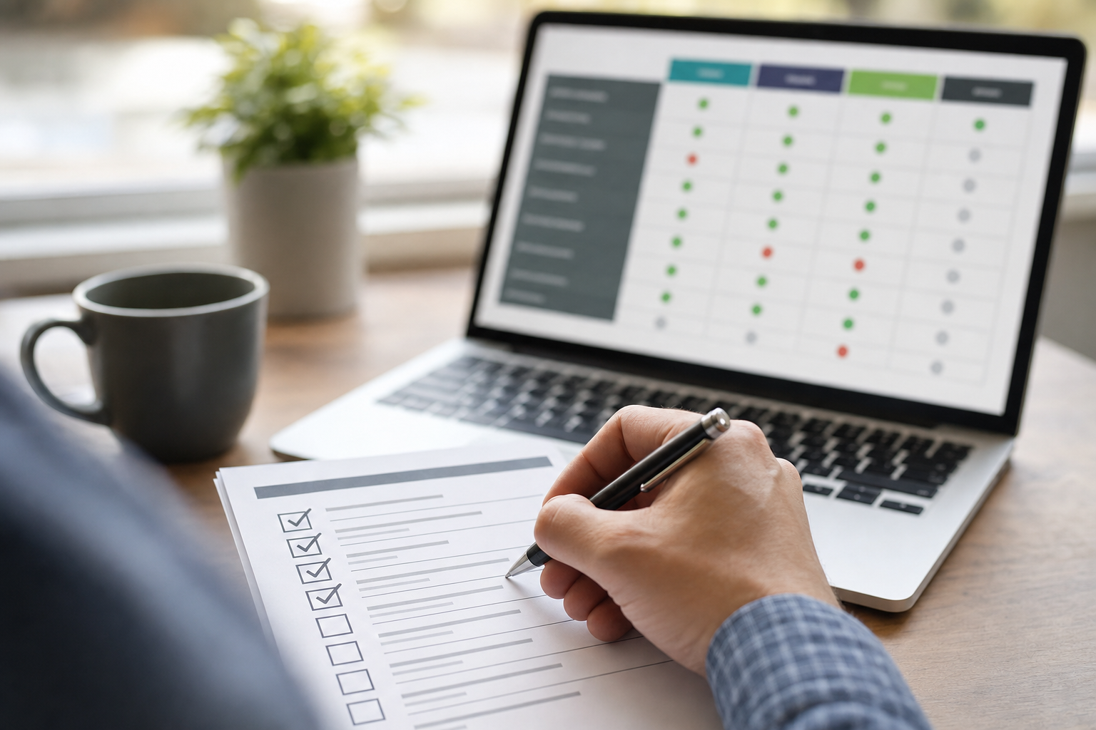 Close-up of a hand checking off items on a printed buyer's checklist next to a laptop showing a webinar platform comparison table
