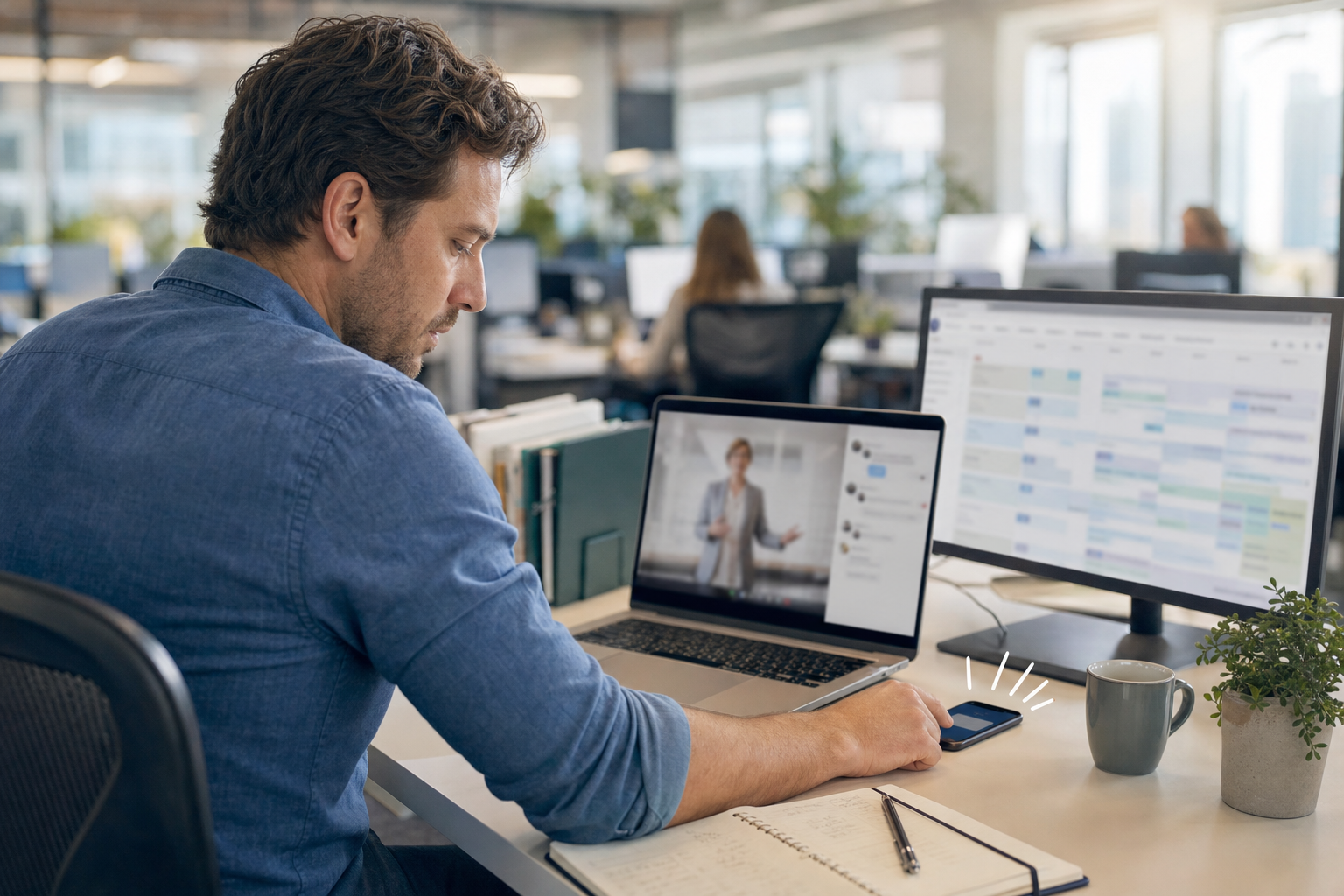 A B2B sales rep at an office desk glancing at a buzzing phone next to a laptop playing a recorded webinar with a chat panel