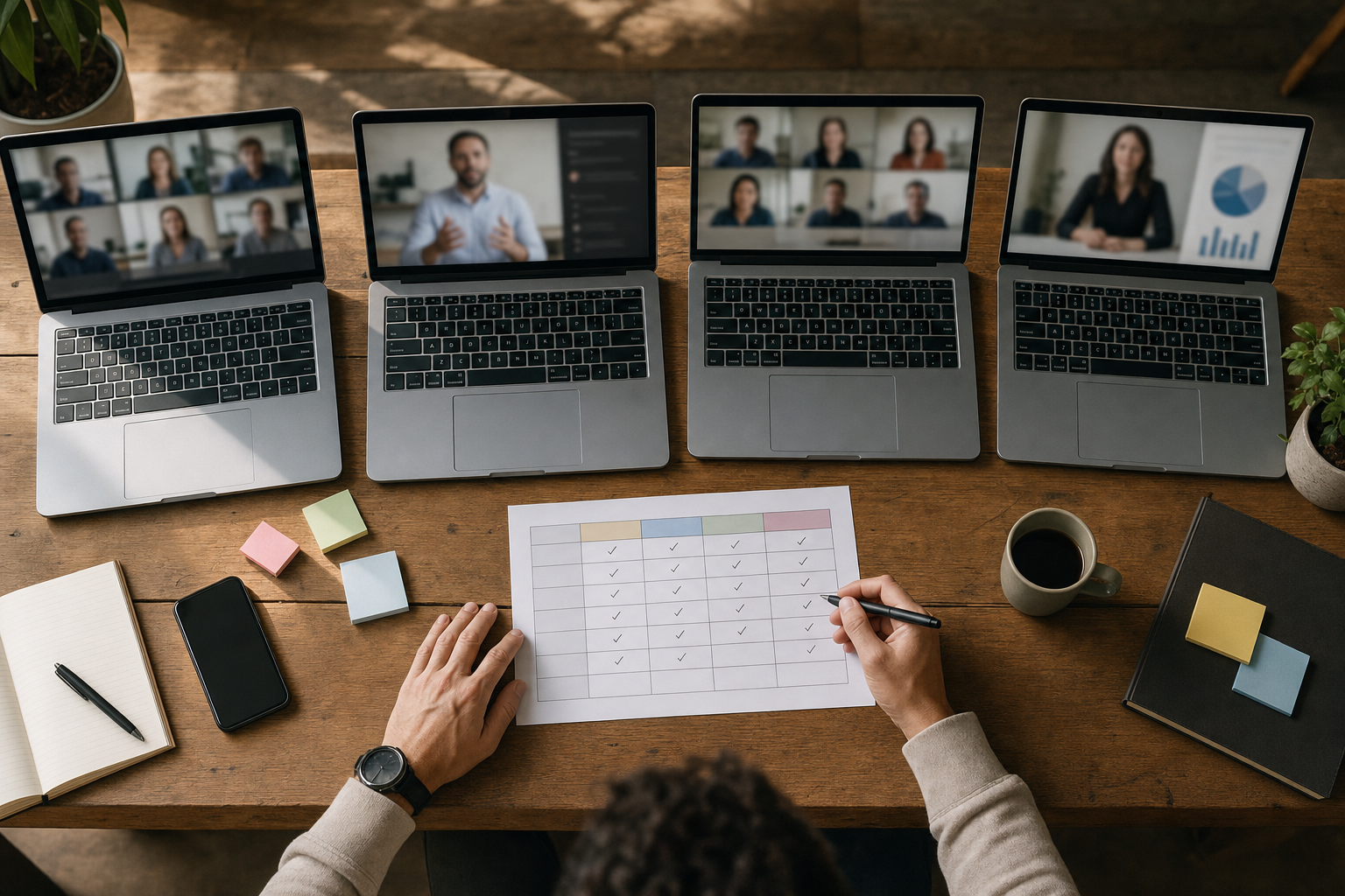 Overhead view of a desk with four laptops showing different video call layouts and a hand ticking a printed comparison grid