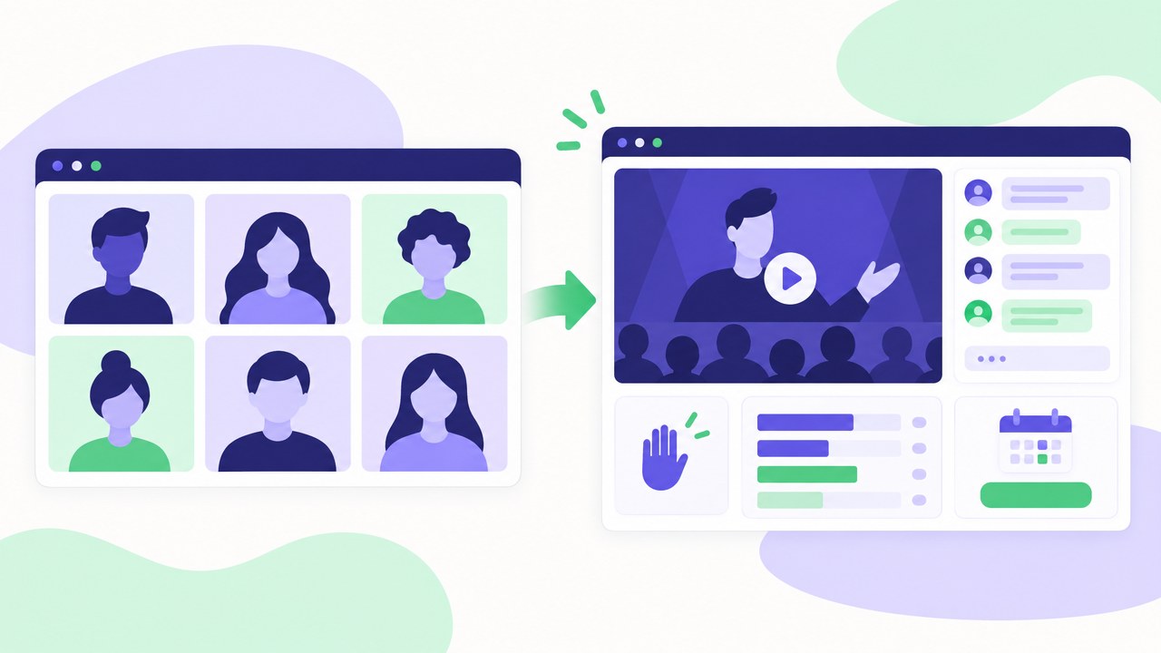 Side-by-side illustration of a video call grid of equal tiles next to a webinar room with one presenter stage, audience chat, a raised hand, a poll and a registration calendar