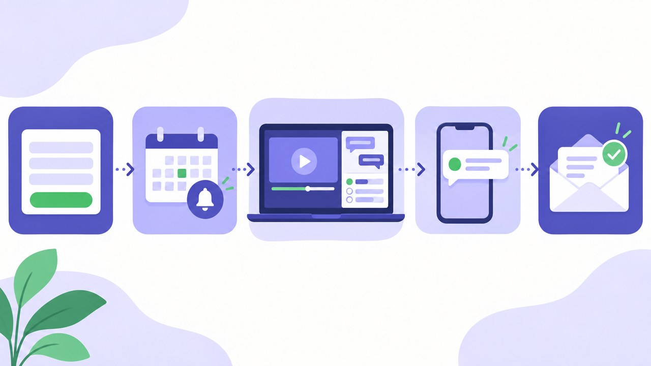 Illustration of the webinar funnel stages in order: registration form, calendar reminder, webinar room with chat and poll, phone notification and follow-up email